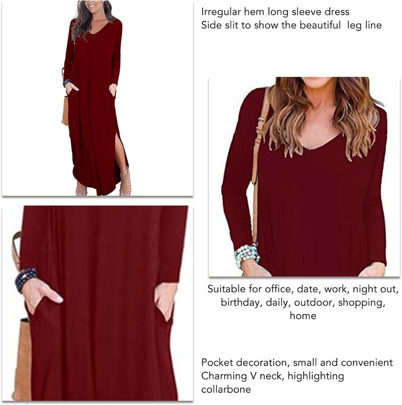 woobles dress for women Pure color V-neck dress with sleeves and pockets Women's casual dress Wine Red XL - Image 1